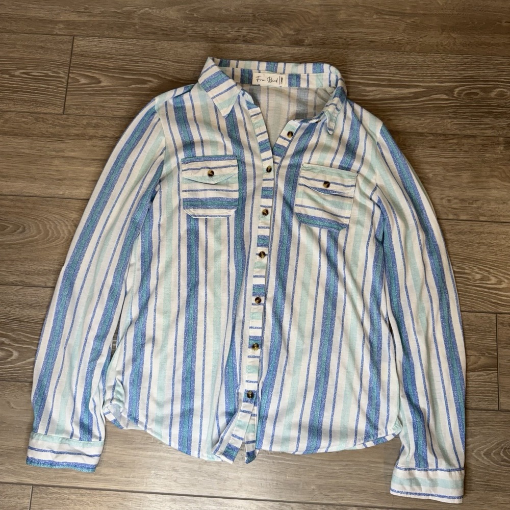Free Bird Striped Button Down Shirt Women's Coastal Boho Blue Green Size L